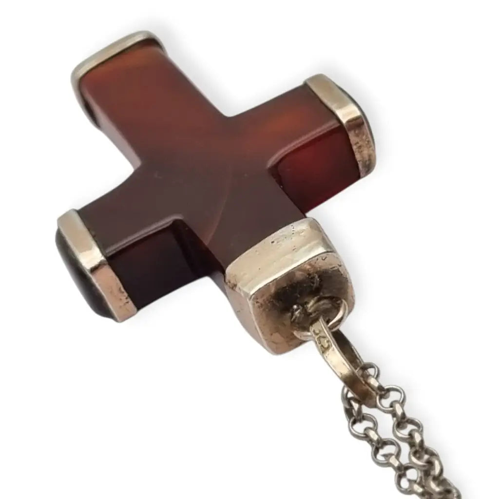Colgante cruz vintage de ágata marrón en montura plata 925 artesanal diseño