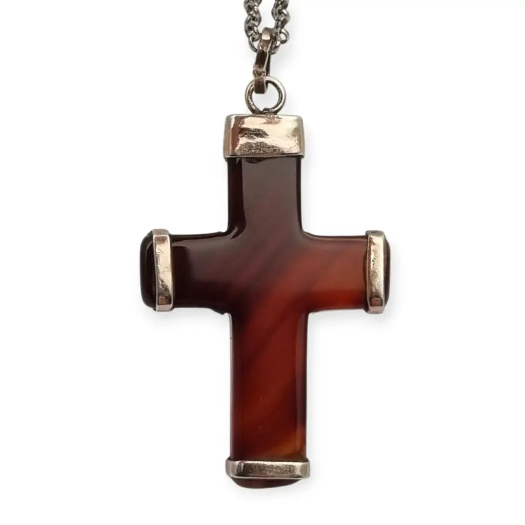Colgante cruz vintage de ágata marrón en montura plata 925 artesanal diseño