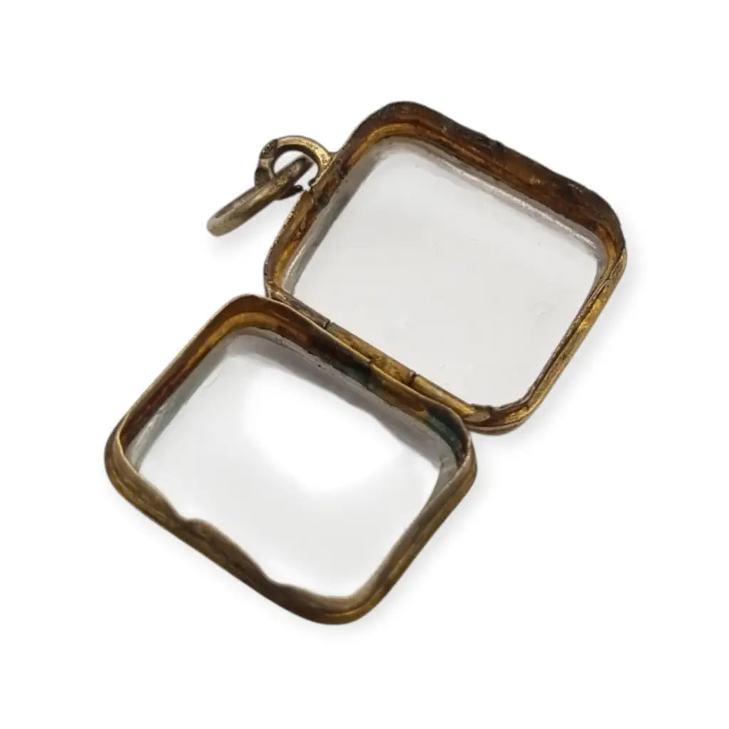 Colgante guardapelo antiguo rectangular doble cristal latón dorado siglo