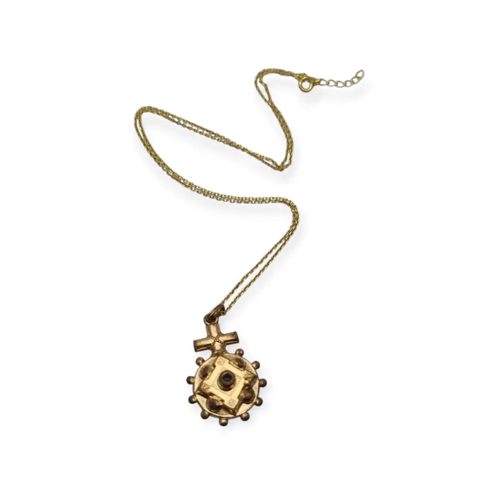 Colgante de rosario dorado con cruz y orla esférica estilo devocional c.1900.