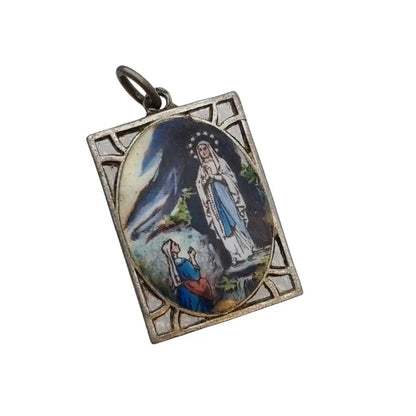 Colgante Virgen Religiosa esmalte azul medalla rectangular regalo