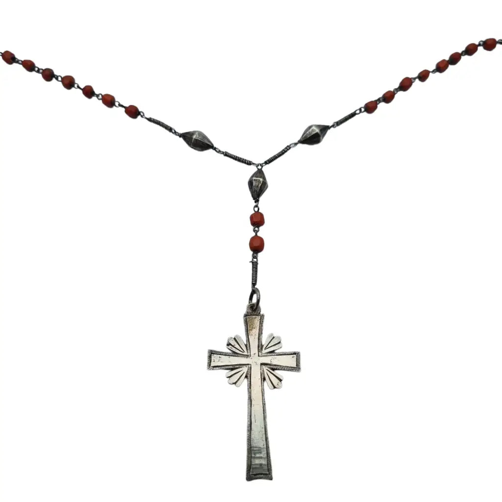 Collar rosario coral y plata bola roja catolica joyeria religiosa