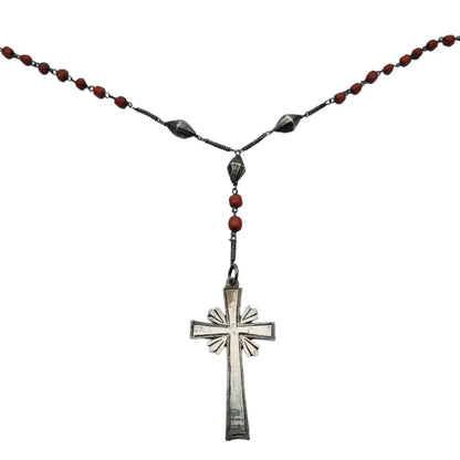 Collar rosario coral y plata bola roja catolica joyeria religiosa