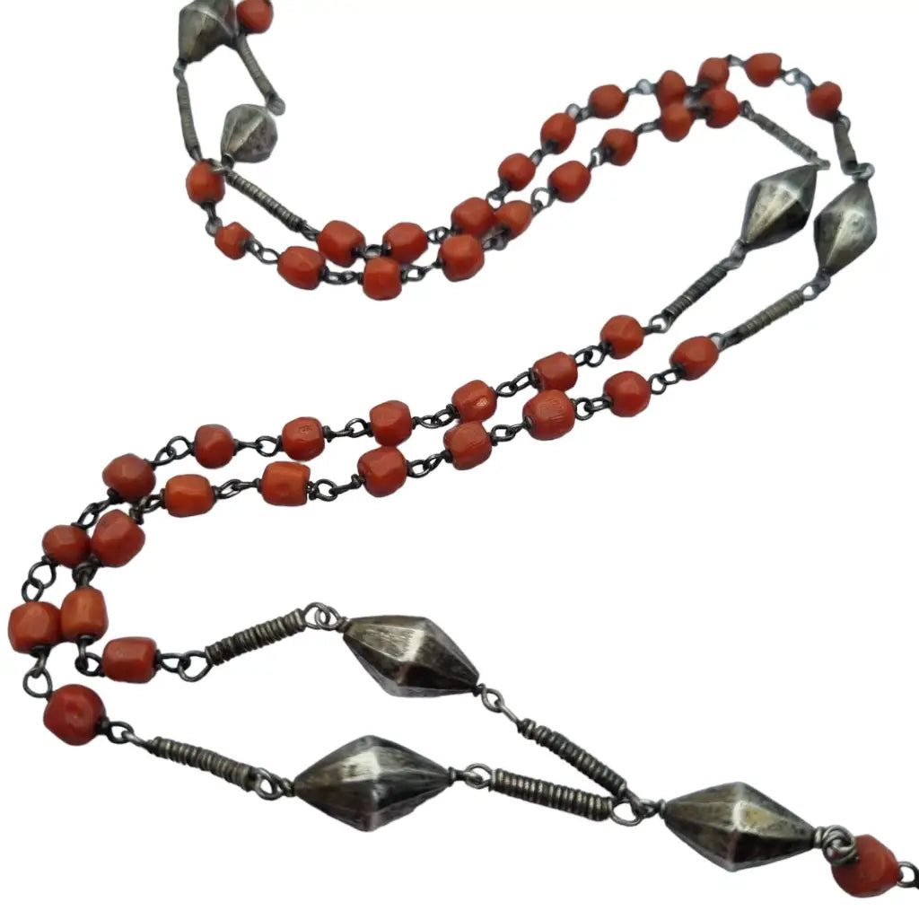 Collar rosario coral y plata bola roja catolica joyeria religiosa