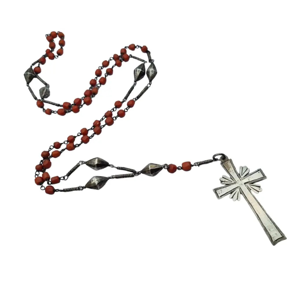 Collar rosario coral y plata bola roja catolica joyeria religiosa