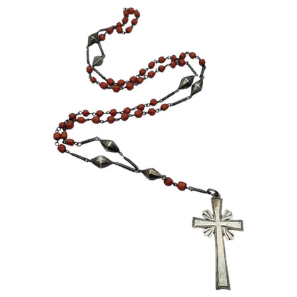 Collar rosario coral y plata bola roja catolica joyeria religiosa