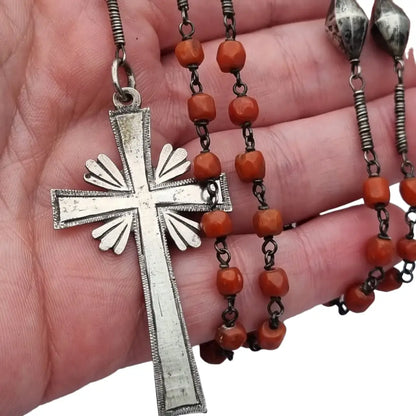 Collar rosario coral y plata bola roja catolica joyeria religiosa