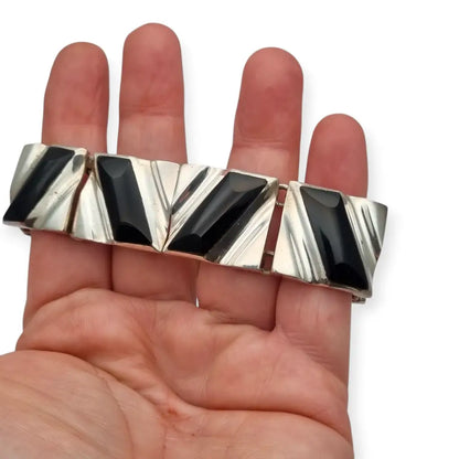 Conjunto Art Decó geométrico mexicano en plata 950 y ónix: Collar pulsera