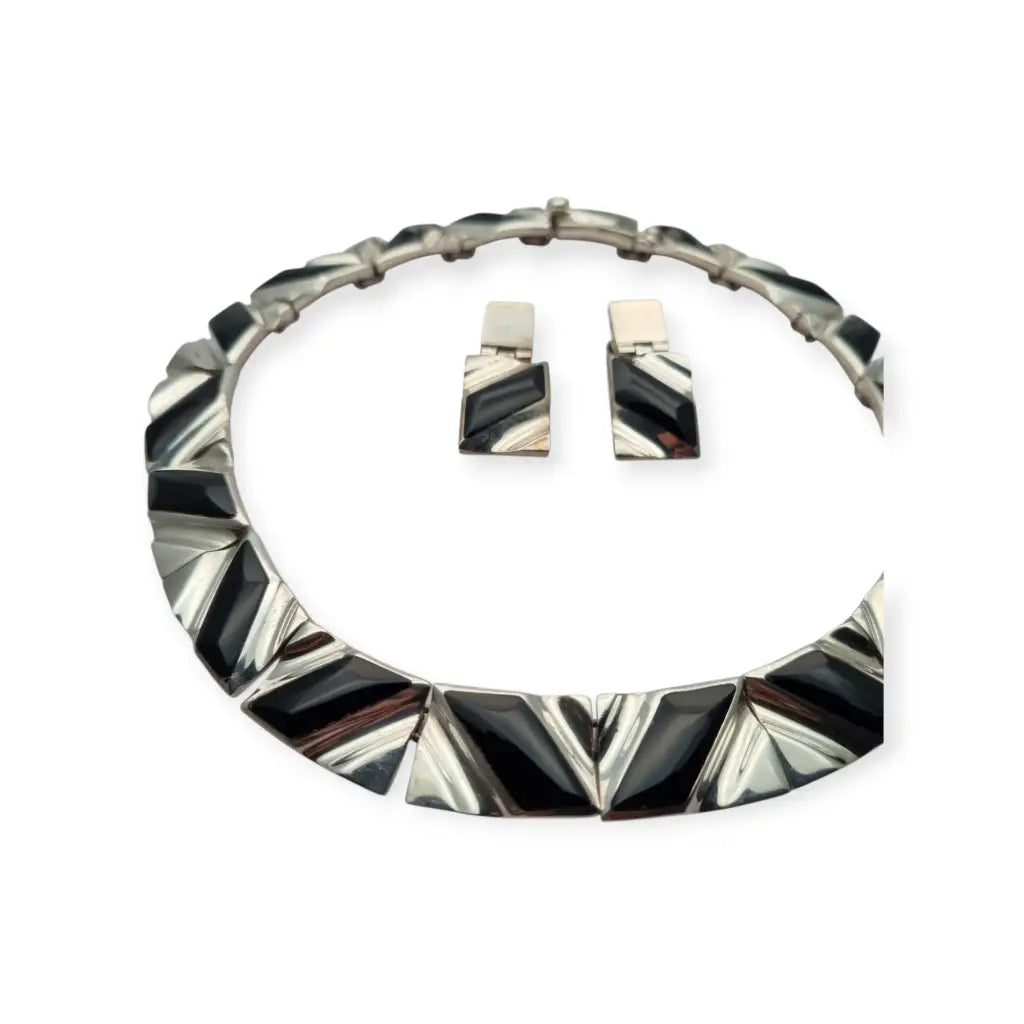 Conjunto Art Decó geométrico mexicano en plata 950 y ónix: Collar pulsera