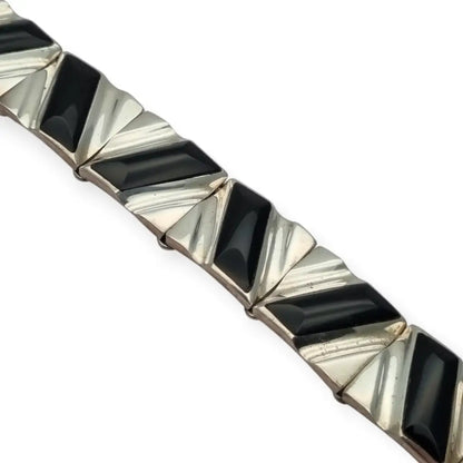 Conjunto Art Decó geométrico mexicano en plata 950 y ónix: Collar pulsera