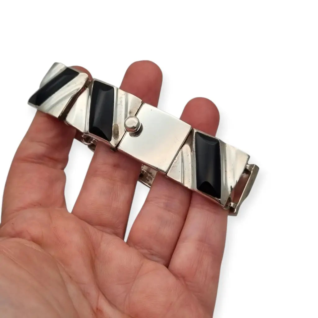 Conjunto Art Decó geométrico mexicano en plata 950 y ónix: Collar pulsera