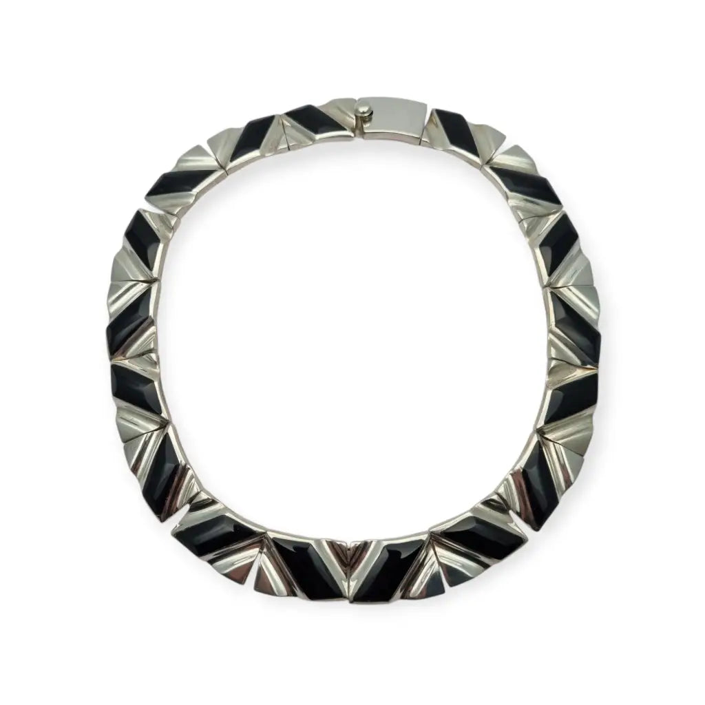 Conjunto Art Decó geométrico mexicano en plata 950 y ónix: Collar pulsera
