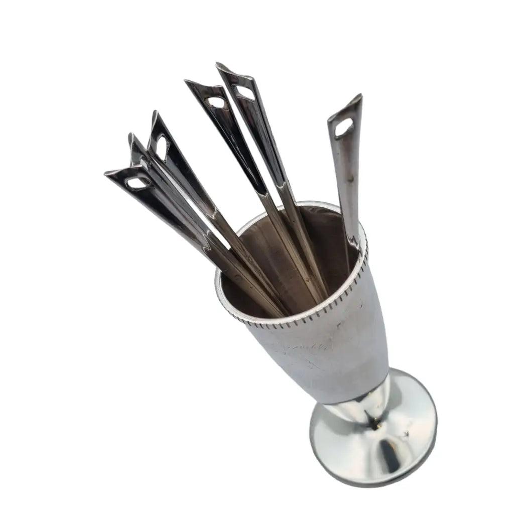 Silver Food & Canapé Sticks con porta palillos de plata cubiertos art deco