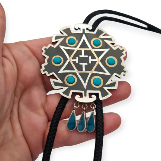 Corbata bolo mexicana en plata.925 y madera metales mixtos Piedra Negra