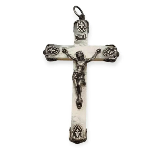 Cruz antigua de nácar con Cristo en plata y flor lis colgante religioso