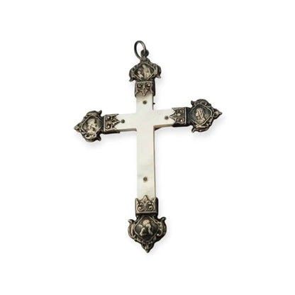 Cruz antigua de nácar y plata con Cristo acabados religiosos altamente