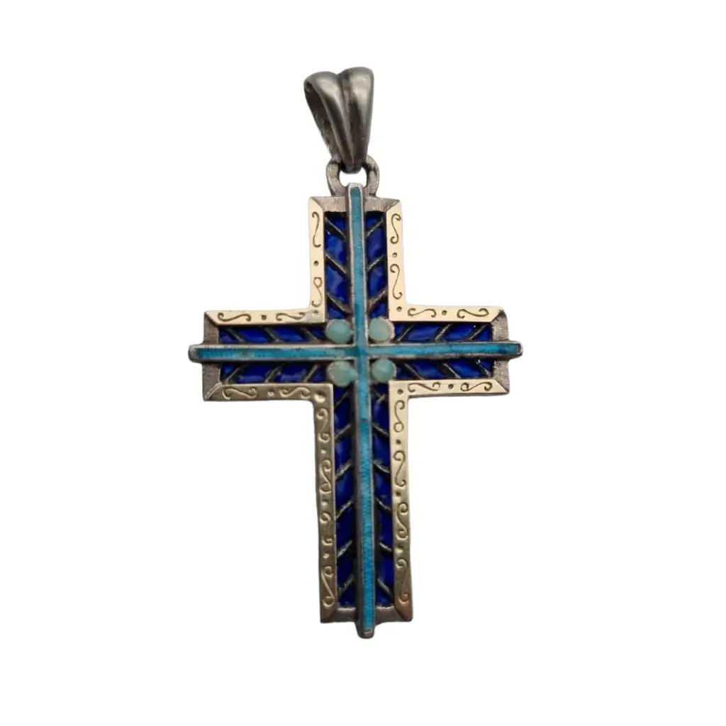 Cruz de plata esmaltada azul colgante católico para regalar joyería religiosa