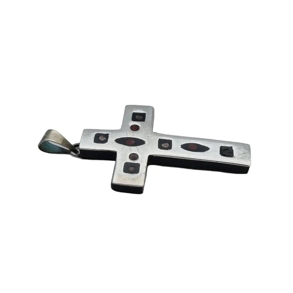 Dije cruz vintage de plata aguila 3 ARO Mexico para mujer negro y rojo