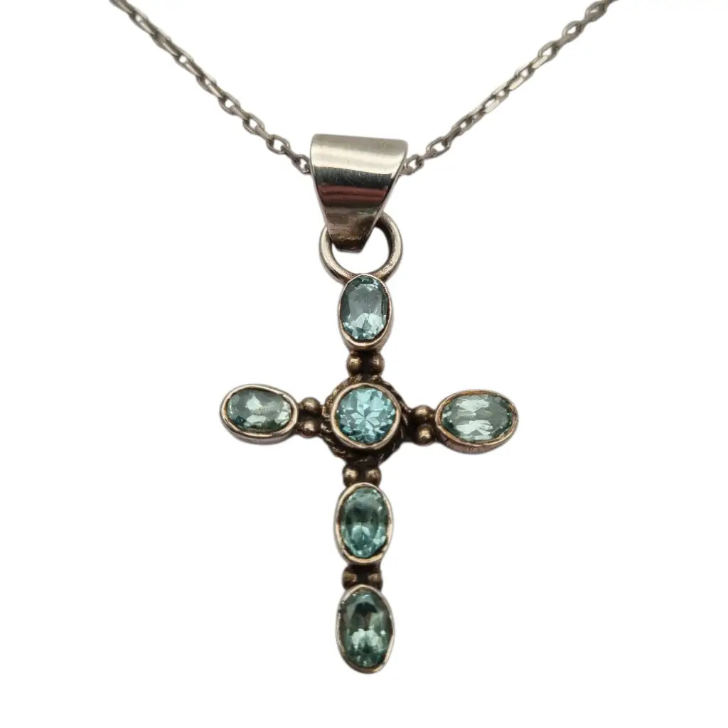 Cruz vintage de plata con topacios azules ovalados y cadena regalos religiosos