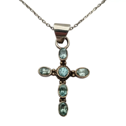 Cruz vintage de plata con topacios azules ovalados y cadena regalos religiosos