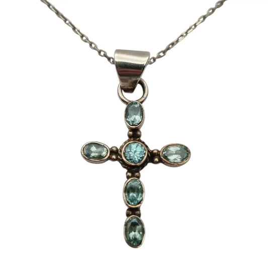 Cruz vintage de plata con topacios azules ovalados y cadena regalos religiosos