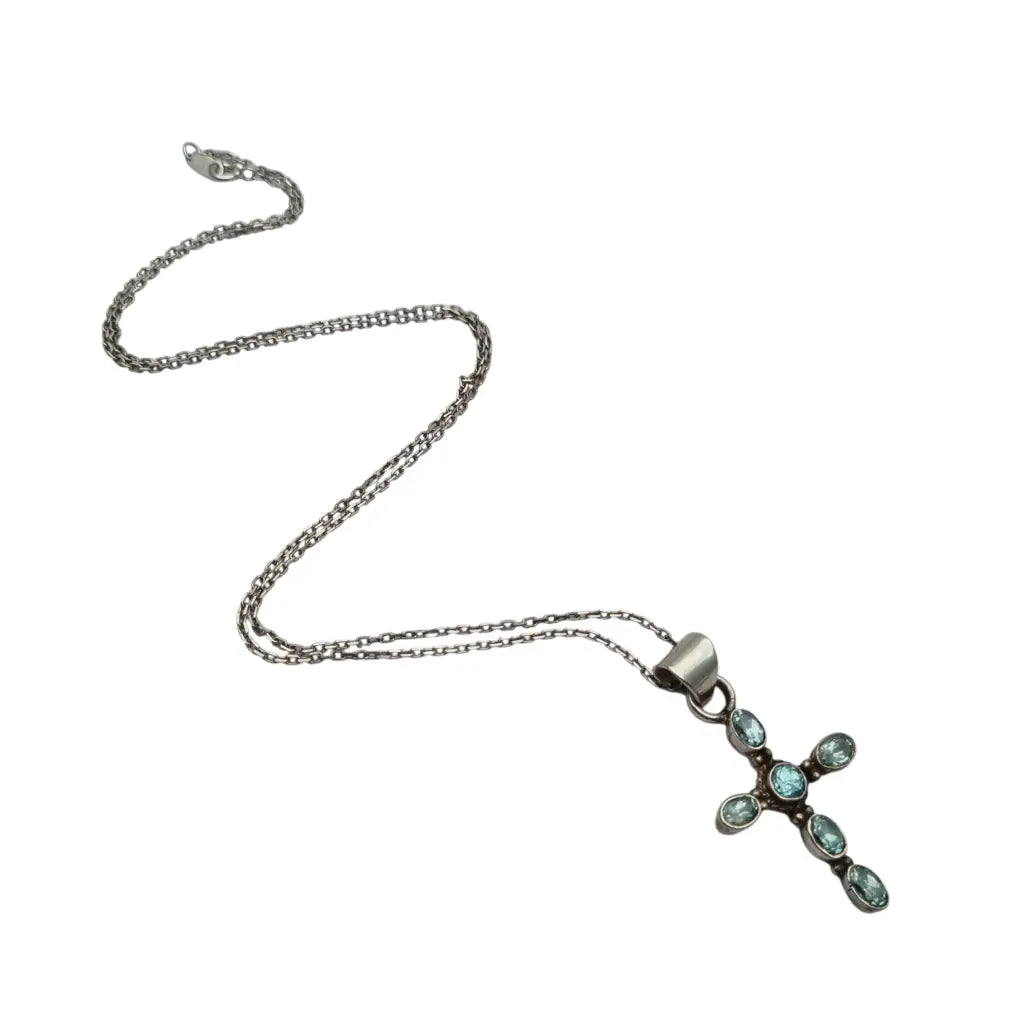 Cruz vintage de plata con topacios azules ovalados y cadena regalos religiosos