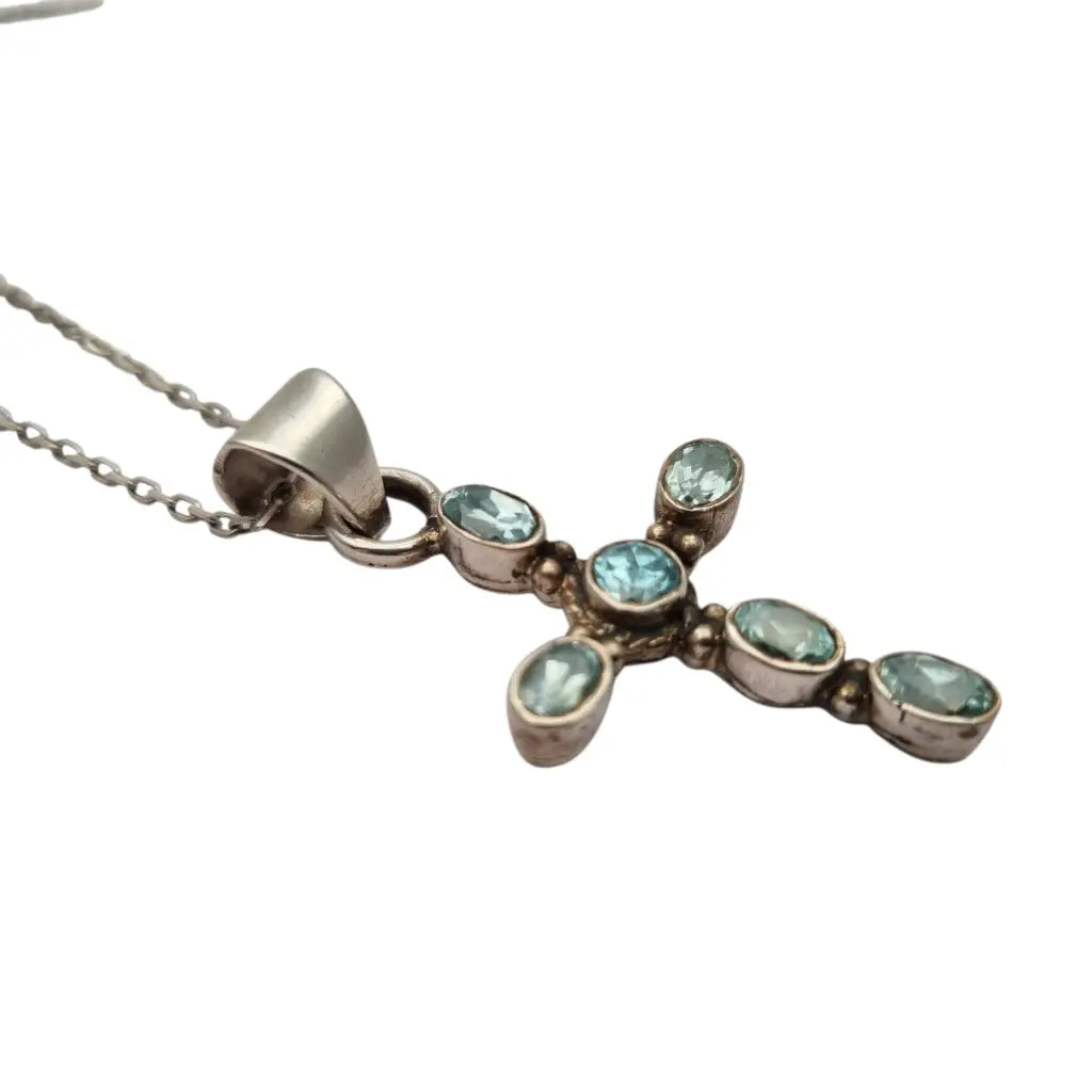 Cruz vintage de plata con topacios azules ovalados y cadena regalos religiosos
