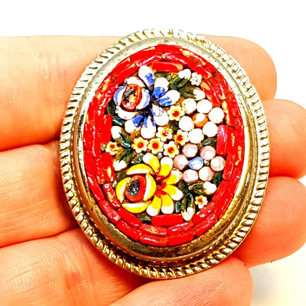 Broche de micromosaico vintage pin rojo joyería flores Circa