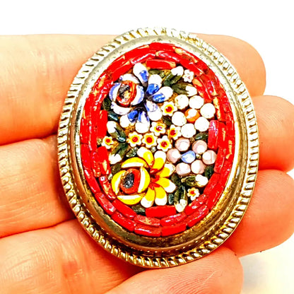 Broche de micromosaico vintage pin rojo joyería flores Circa