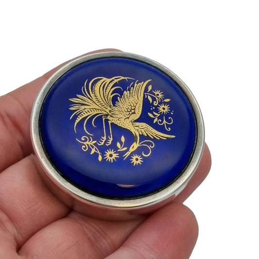 Caja de plata esmalte azul caja 925 decorada con pájaro dorado Circa