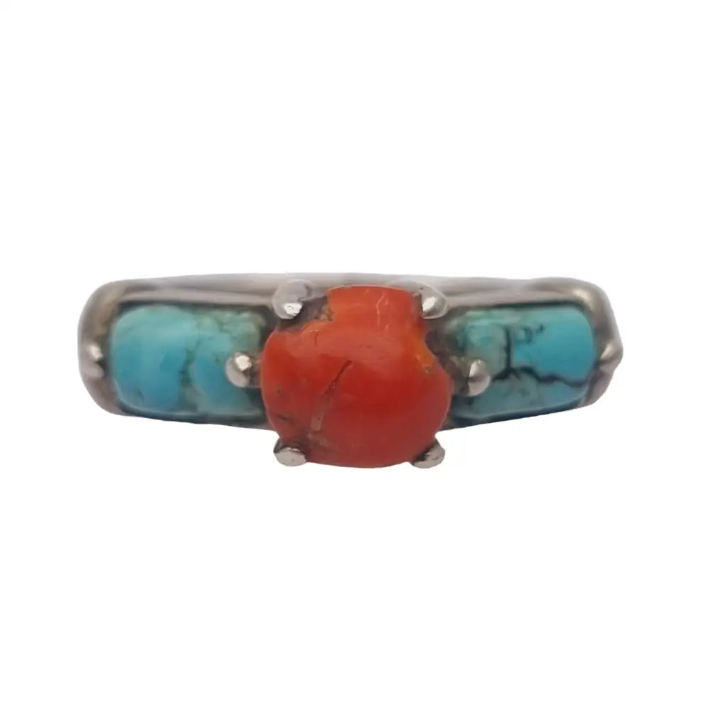 Anillo vintage de plata coral y turquesa joyería boho para mujer hecho a mano.