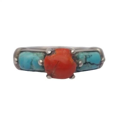 Anillo vintage de plata coral y turquesa joyería boho para mujer hecho a mano.