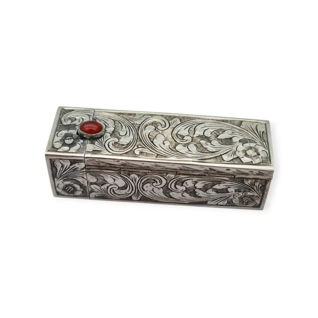 Estuche pintalabios antiguo de plata grabada con espejo y piedra cornalina