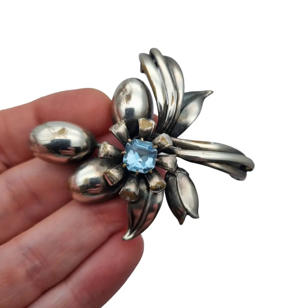 Broche grande de flor art deco vintage boda joyería pedrería azul regalo