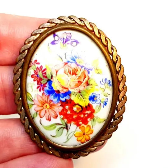 Broche vintage Limoge joyería francesa para mujer pintura de porcelana antigua