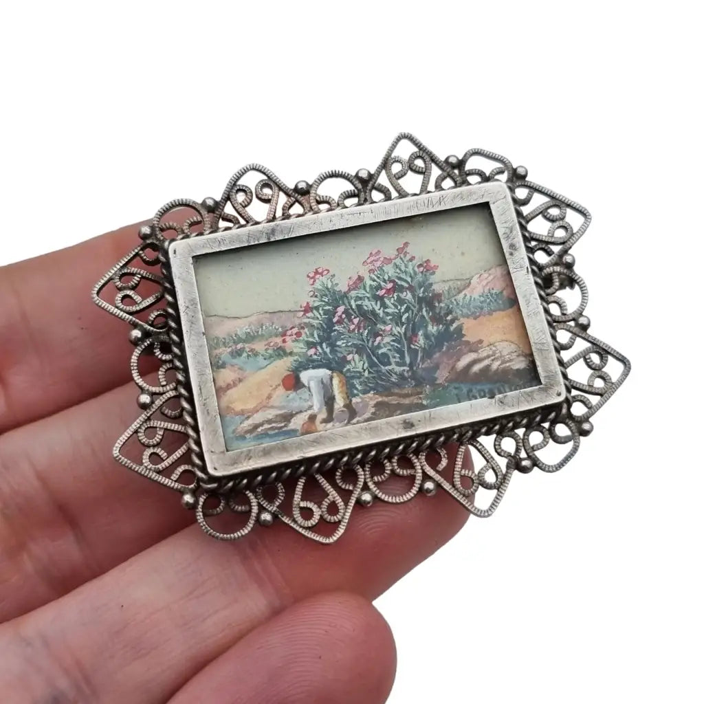 Broche francés en plata con miniatura de pintura firmada por J. Granion