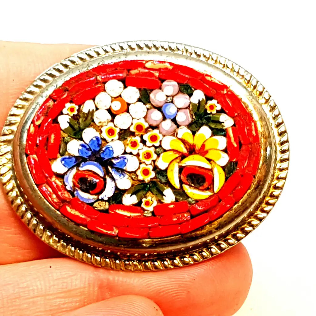 Broche de micromosaico vintage pin rojo joyería flores Circa