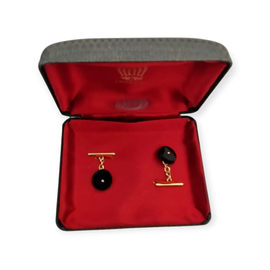 Gemelos antiguos en oro 18k y ónix negro • Joyería masculina vintage