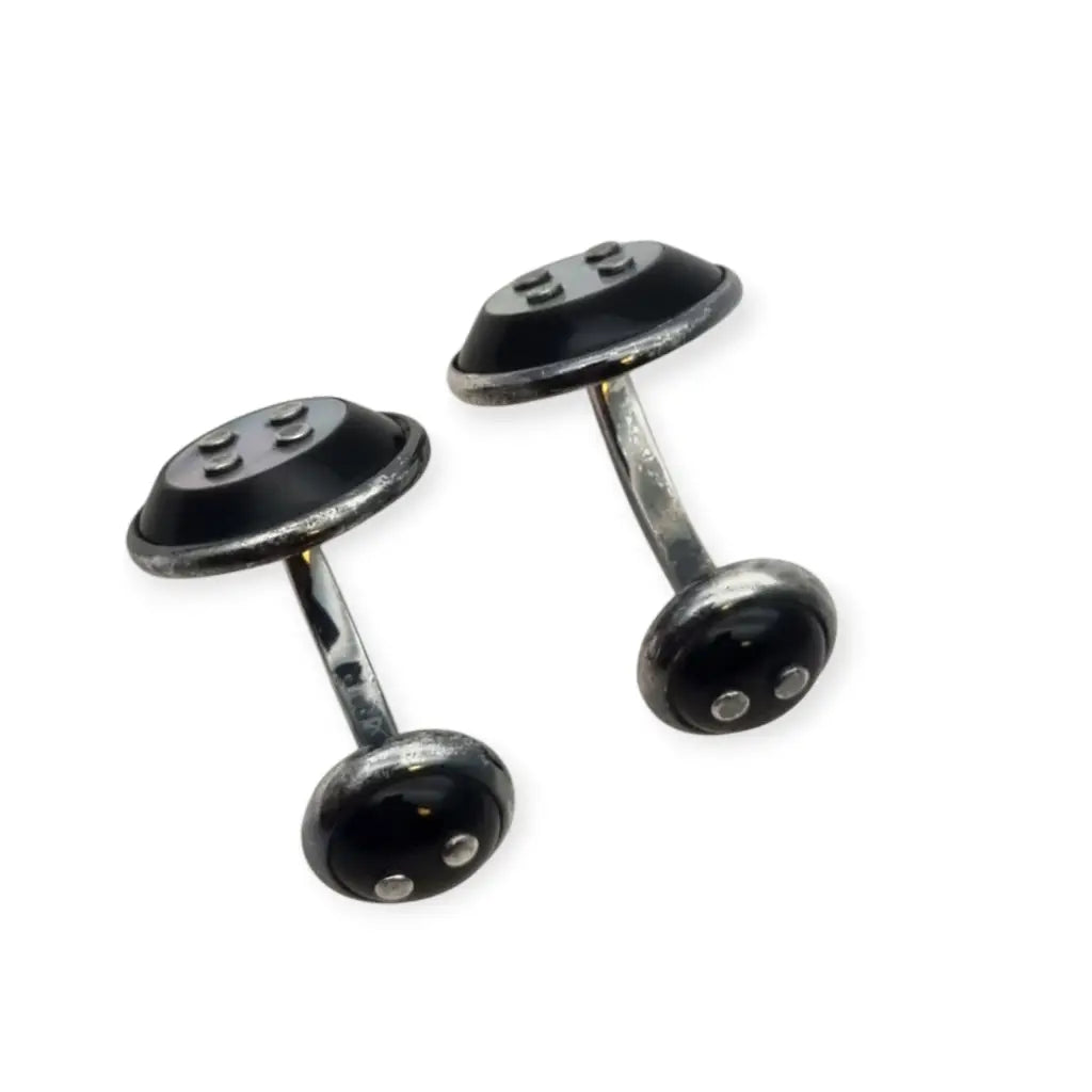 Gemelos vintage de plata con nácar y ónix negro un elegante diseño