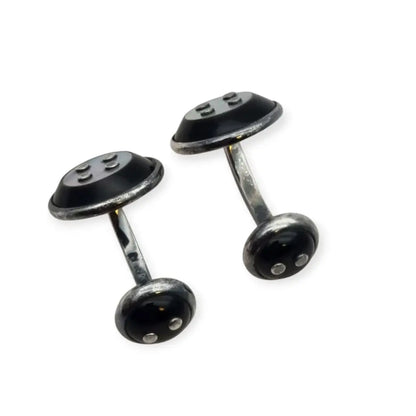 Gemelos vintage de plata con nácar y ónix negro un elegante diseño