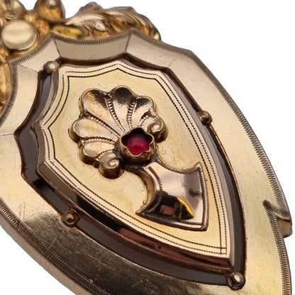 Colgante de medallón victoriano broche oro antiguo adornado con piedra rosa