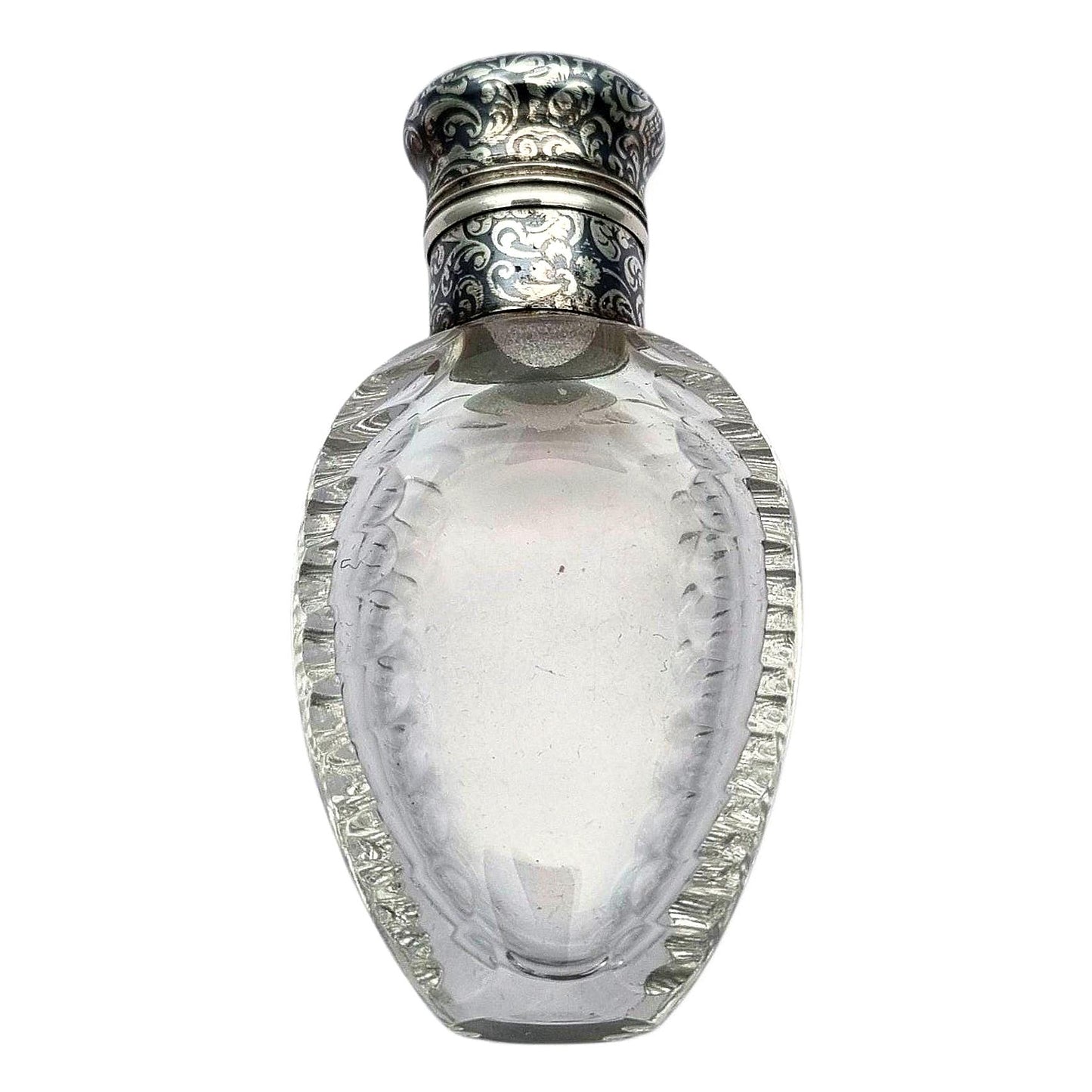 Frasco de perfume victoriano en vidrio tallado y plata nielada, circa 1890