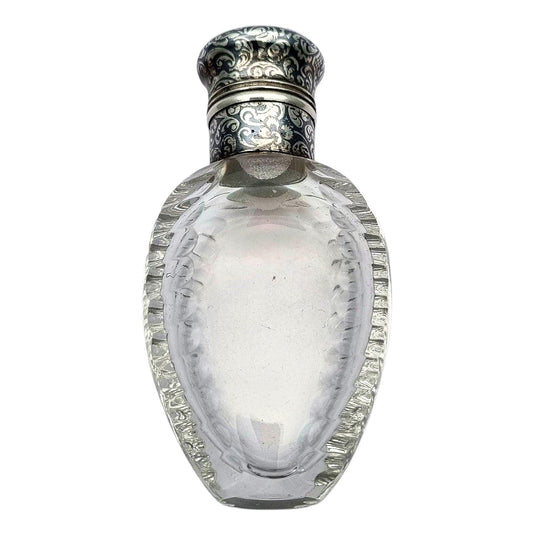 Frasco de perfume victoriano en vidrio tallado y plata nielada, circa 1890