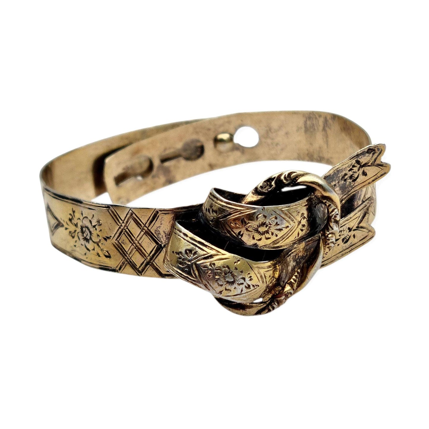 European Victorian bracelet in gilt silver with floral engraving and central bow, late 19th century