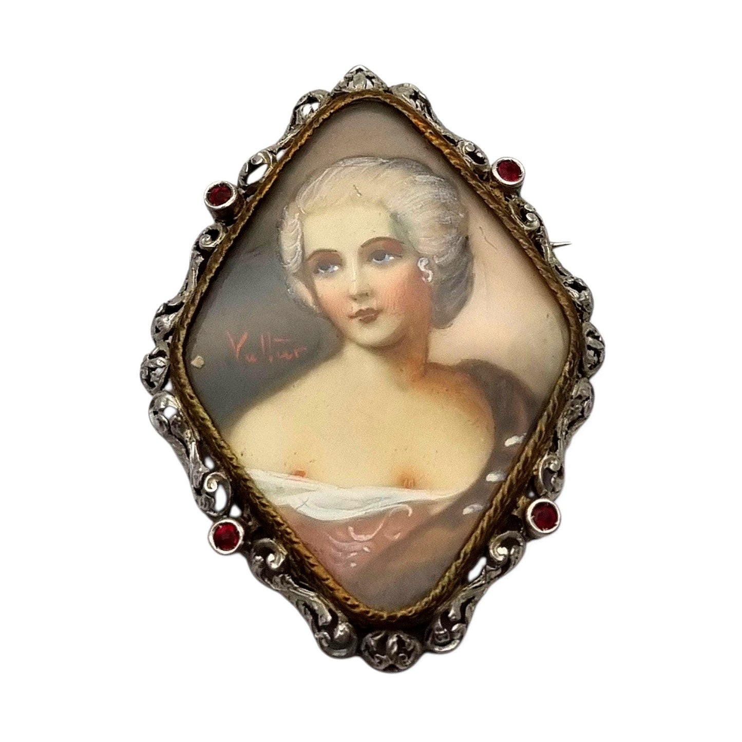 Broche victoriano miniatura pintada firmado Vultur de plata y vermeil, circa 1880