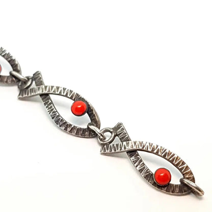 Pulsera vintage de plata Art Deco para mujer con pez esmaltado rojo