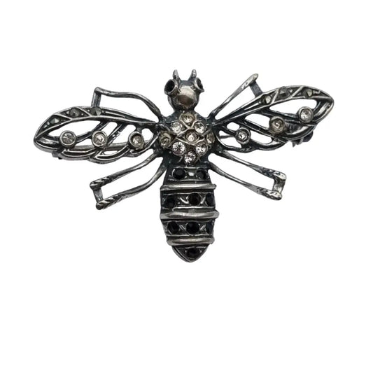 Broche de abeja plata insecto joya diamantes imitación en blanco y negro