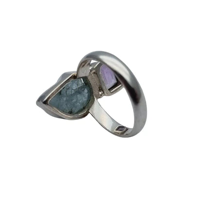 Anillo boho de plata con amatista y aguamarina para mujer piedra morada azul