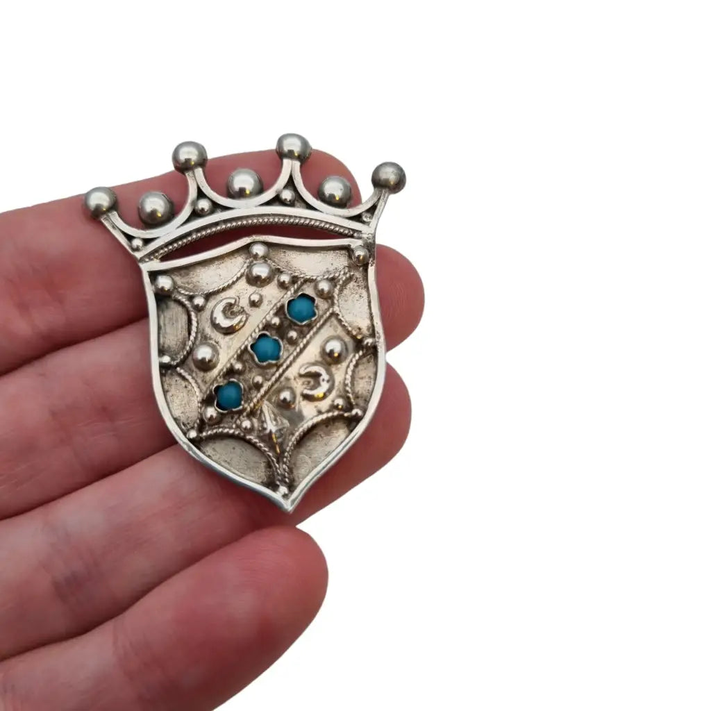 Broche emblema corona pin vintage plata 800 y turquesa estrella broche
