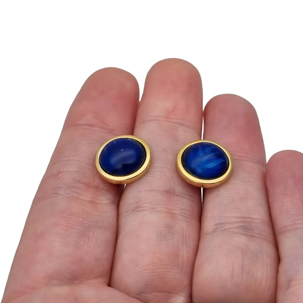 Pendientes de botón azul y oro laminado novedades los 80 NOS semental